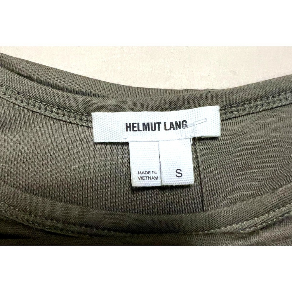 HELMUT LANG Asymmetric Drape Midi Dress Green Black Jersey Brown Vegan Leather S - Picture 7 of 12